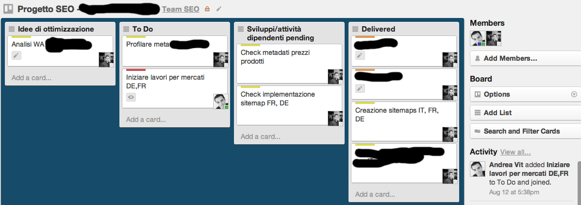 Trello configuration for web marketing project management